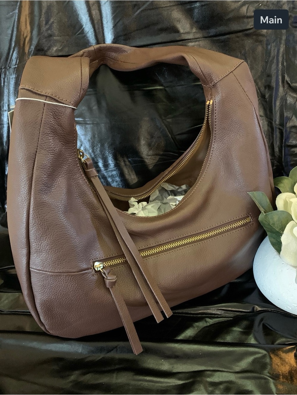 Classy Brown Genuine Leather Hobo with Gold Zip Accents CROWN VINTAGE